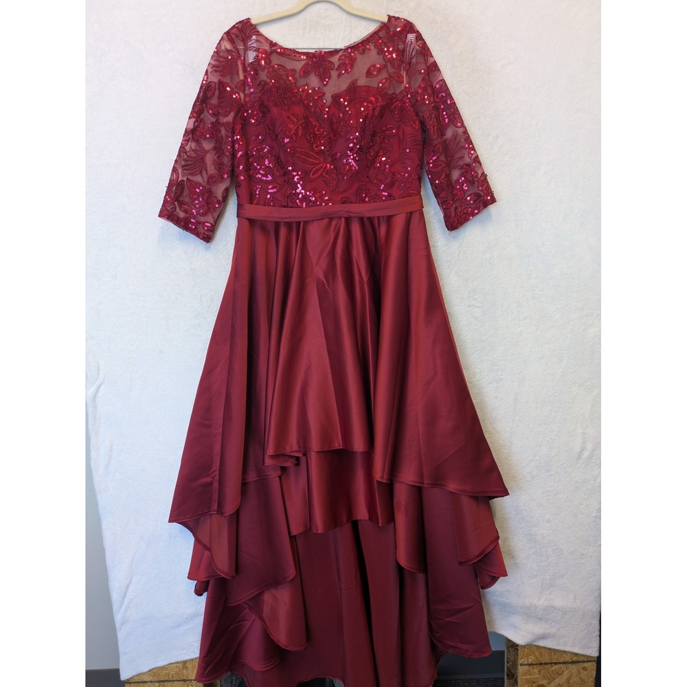 JJ's House Women Size 12 Burgundy Sequined Lace High‎ Low Formal Gown Dress